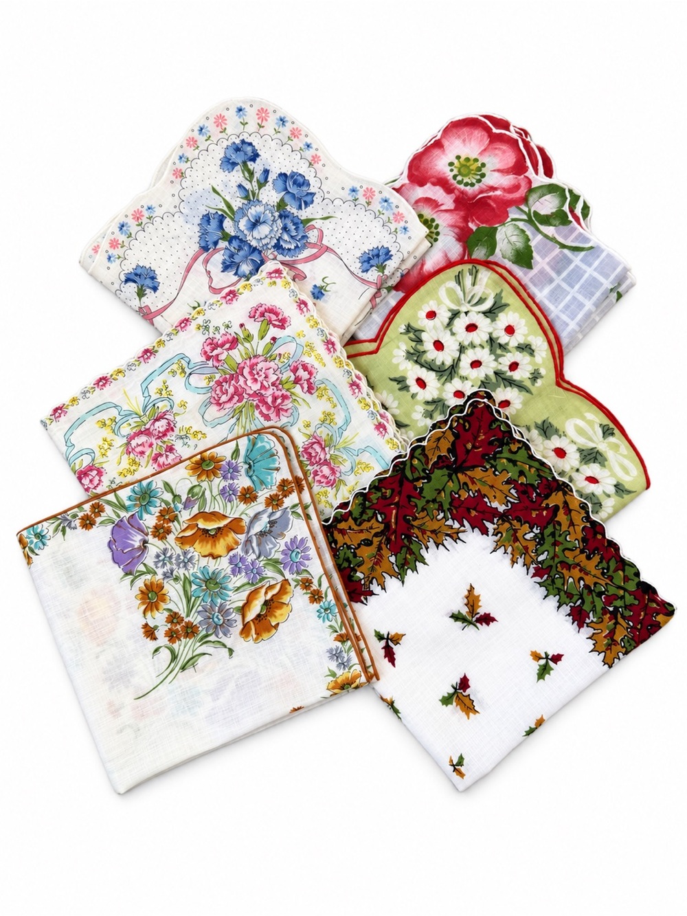 Vintage Lot of 6 Floral Handkerchiefs Scalloped Edges Assorted Prints